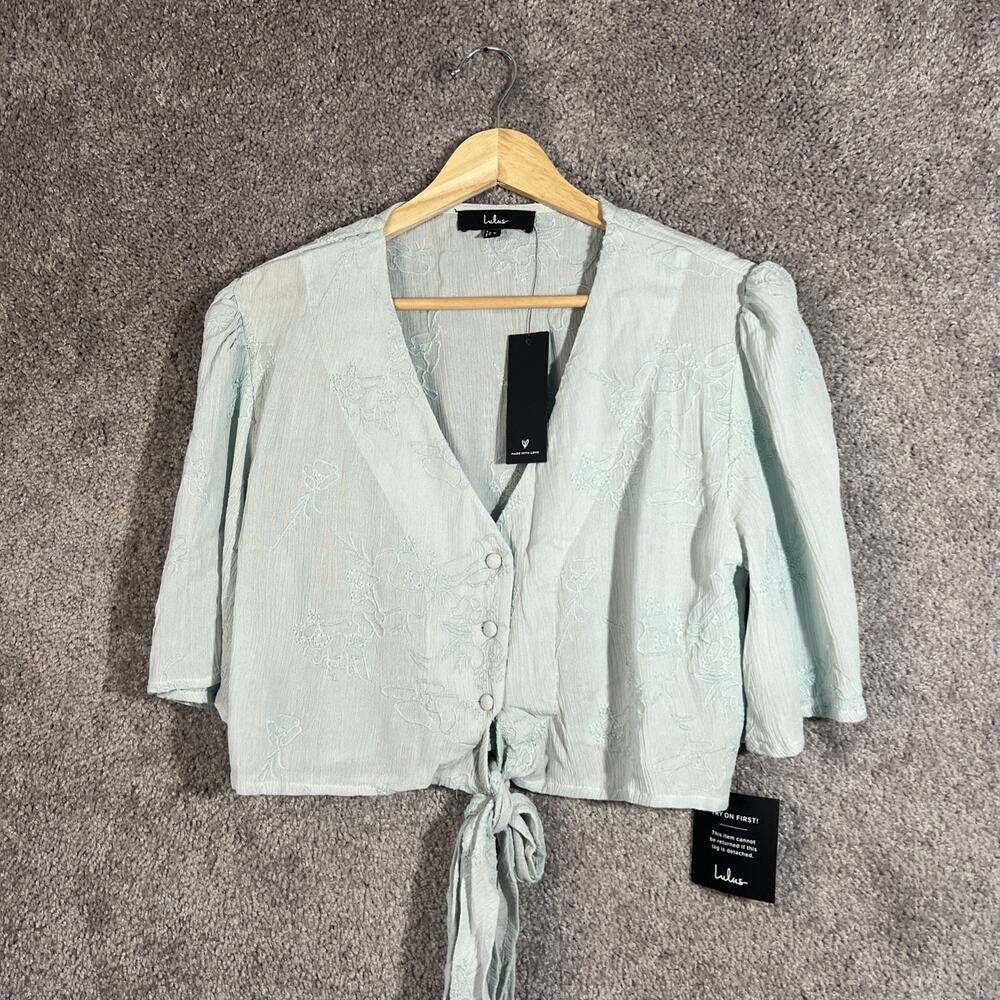 Lulus Women’s Small Mint Green Embroidered Front Tie Crop Top Boho Rayon Casual